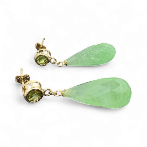 Natural Green Jade and Peridot Dangle Earrings Solid 14k Yellow Gold - NEW - Picture 4 of 6